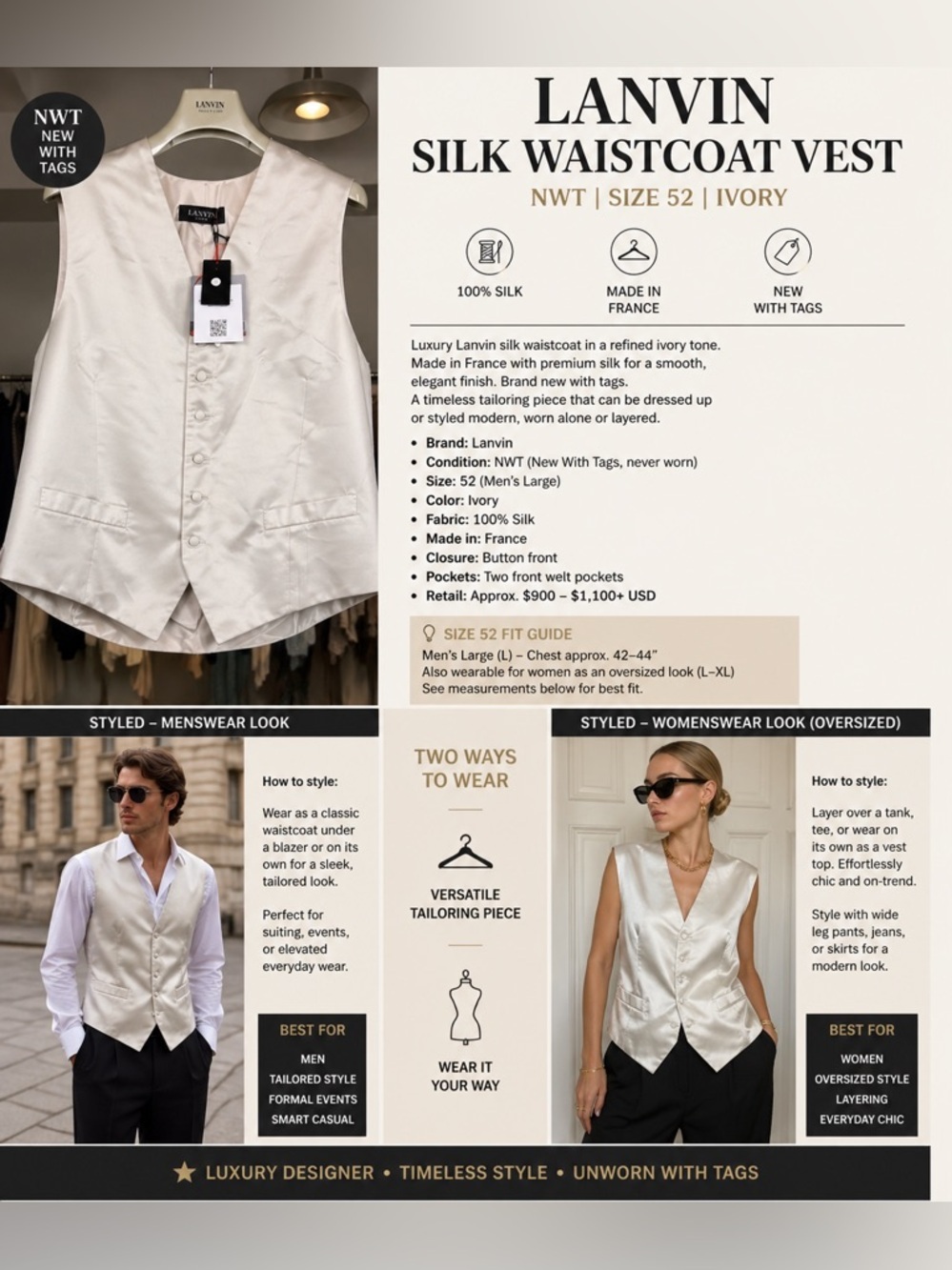 Lanvin Silk Waistcoat Vest NWT Size 52 | Ivory Tailored Designer Vest